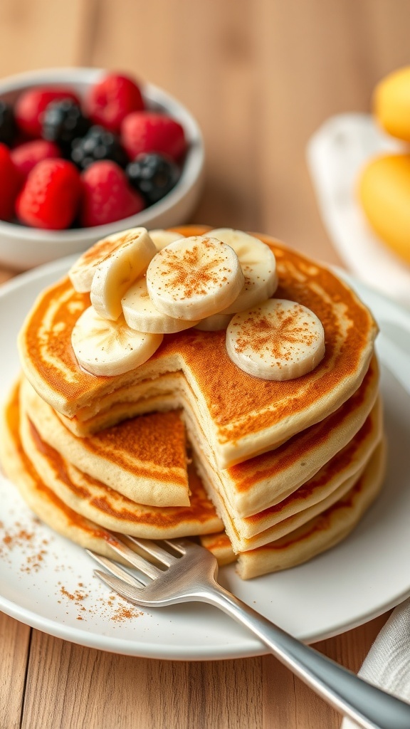 Sugar-Free Pancakes Recipe Fluffy sugar-free pancakes topped with bananas and cinnamon on a plate with berries.